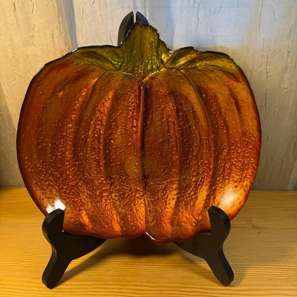 Pumpkin Glass Plate Amber Orange Fall Decor Thanksgiving Serving Tray